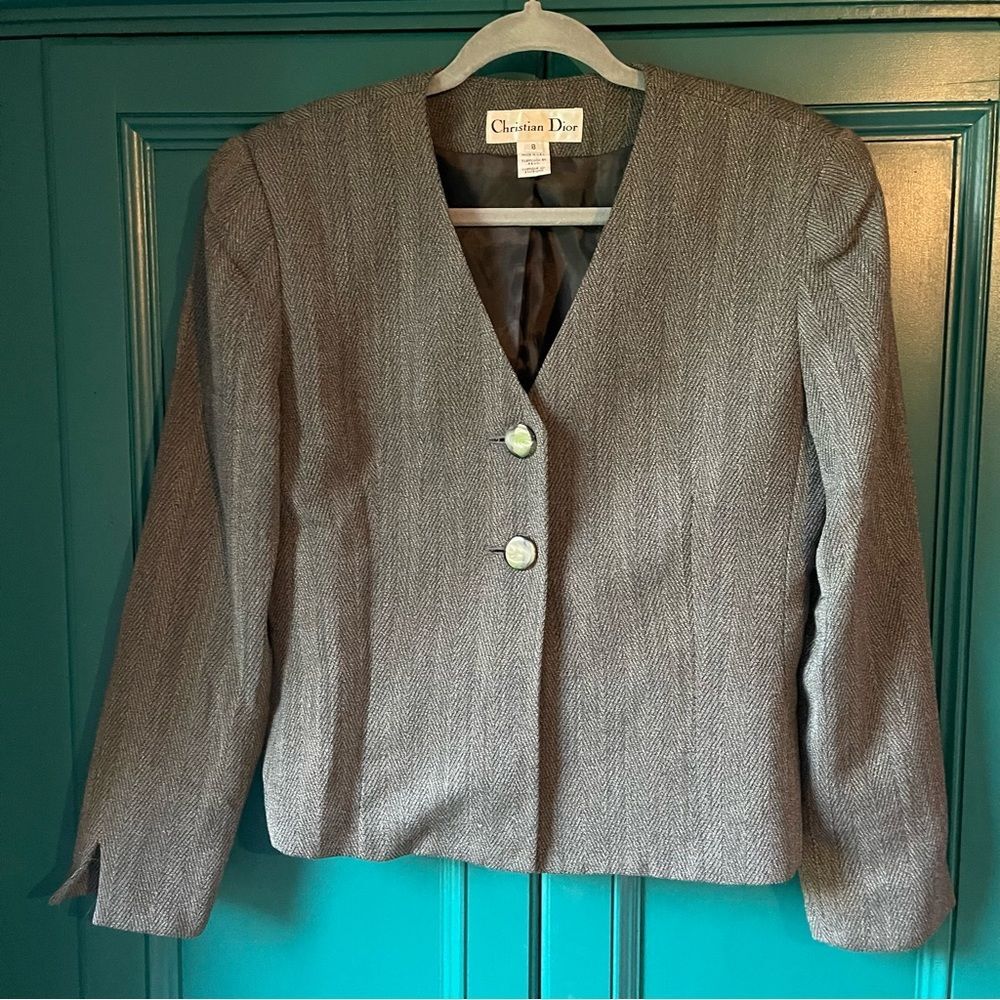 Vintage Christian Dior Tweed Blazer Jacket Charcoal Grey Wool Sz 8 Classic